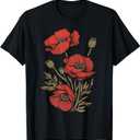 Poppy Botanical Vintage Poppies Floral T-Shirt (Black)