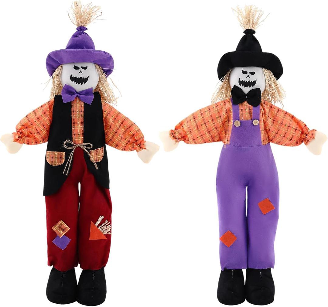 2 Pcs Halloween Scarecrow 31.5 Inches Skull Scary Standing Scarecrow Ghost Garden Outdoor Decorations, Figurine Gifts for Halloween Fall Autumn Thanksgiving Outdoor Decor Farmhouse Porch