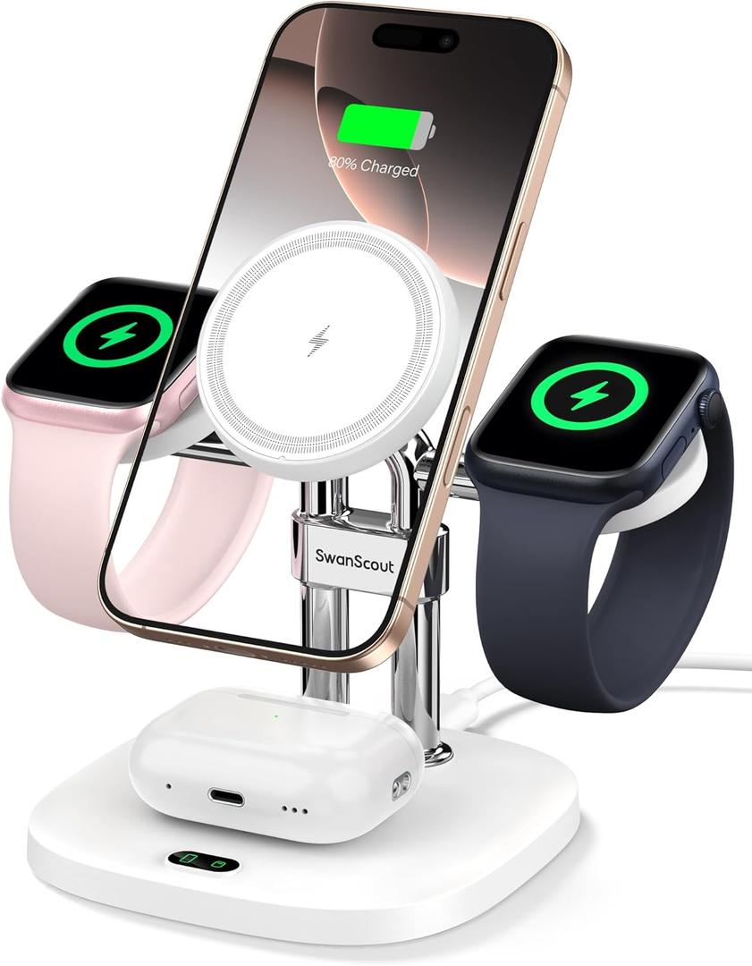 Dual Fast Charger for Apple Watch 11, Magnetic Wireless Charger Stand for iPhone Air/17 Pro Max/17 Pro/17/16/15/14, Charging Station for Apple Watch Ultra 3/SE 3/10/9/8/7/6, Airpods, SwanScout 709M (White)