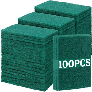 Hoolerry 100 Pcs Heavy Duty Scouring Pads Non Scratch Household Scrub Pads for Cleaning Reusable Pan Scrubber Anti Grease Scrubbing Pads for Dish Kitchen Metal Grills, 4.3 x 3 x 0.3 in (Green)