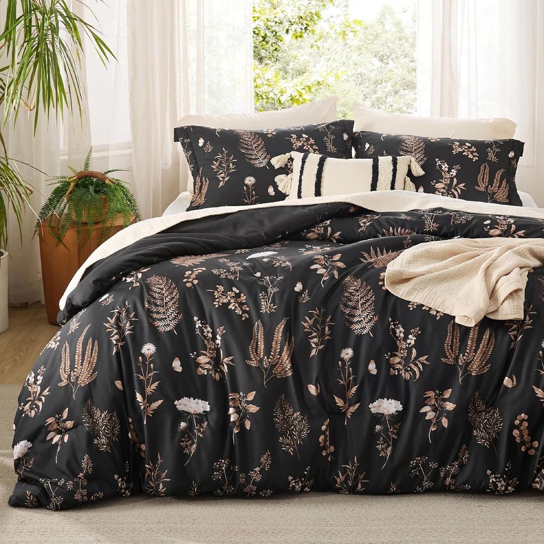Bedsure Comforter Set King Size - Cute Floral Comforter, Black Bedding Comforter Sets, 1 Soft Reversible Botanical Flowers Comforter and 2 Pillow Shams