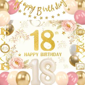 18th Birthday Decorations for Girls, Cream 18 Balloon Numbers Girl Happy 18th Birthday Banner Backdrop, 18 Year Old Party Decorations for Her Dusty Pink Gold Nude Balloons Streamers Party Supplies