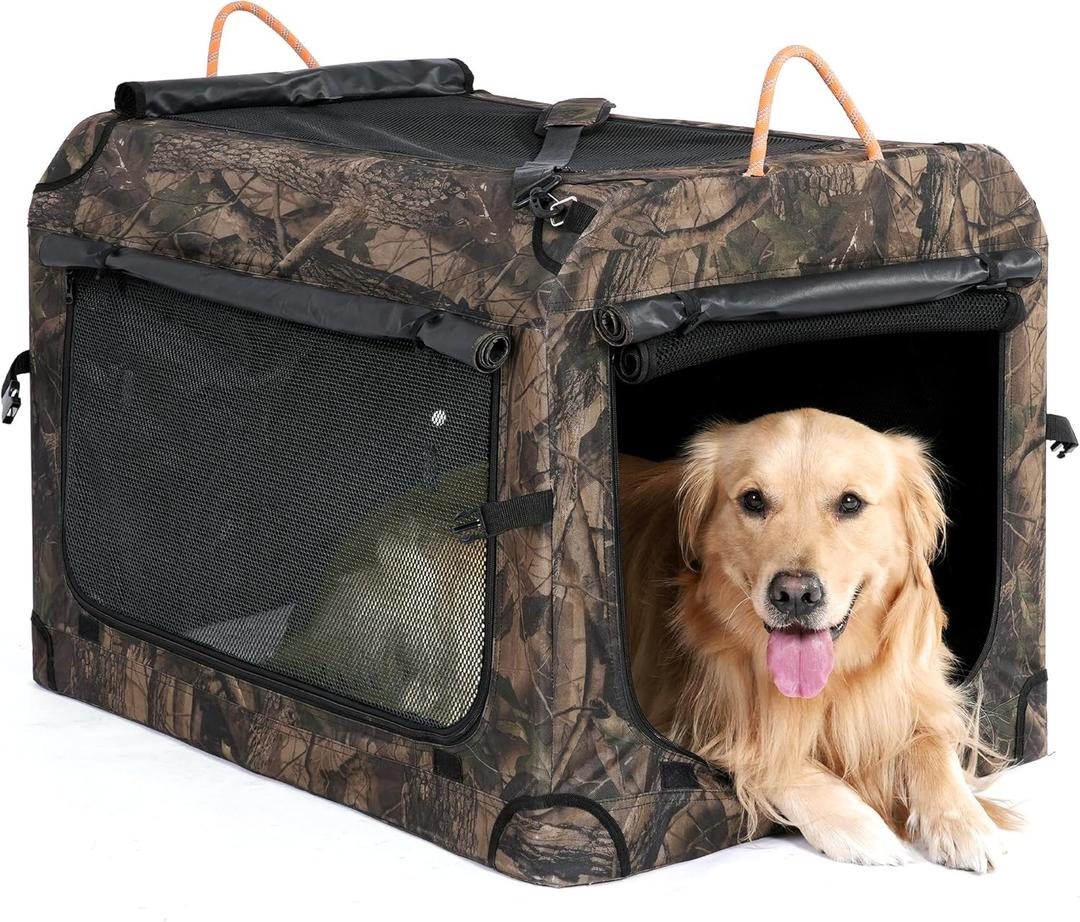 KOOPRO 27.5 Inch Collapsible Dog Crate, Portable Soft-Sided Dog Travel Carrier Camouflage Style Pet Kennel 4-Door with Durable Mesh Windows, Washable Mat, Indoor & Outdoor for Small Medium Large Dogs
