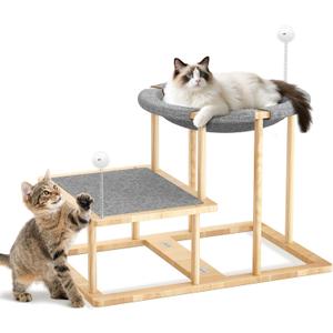 Pawaboo Elevated Cat Hammock Bed, 2-Tier Cats Bed with 2 Teasers, Wooden Cats Furniture with Kitten Scratching Mat,Double Cat Beds Interactive Stair Shaped Pet Hammock for Indoor Kitties Climbing (Wood Color + Grey)