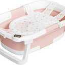 Collapsible Baby Bathtub,Baby Bath Tub with Soft Cushion & Thermometer,Baby Bathtub Newborn to Toddler 0-36 Months,Portable Travel Baby Tub (Pink)
