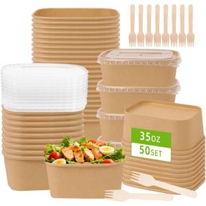 50 Pack 35 oz Paper Food Containers with Lids, Meal Prep Containers Disposable Large Paper Bowls, Microwavable and Freezer Storage Use Cardboard Food Containers