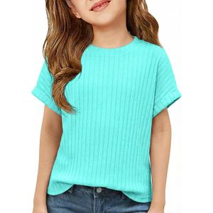 ZDC Girls Short Sleeve T Shirts Kids Summer Textured Tops Crewneck Casual Tee 5-14 Years (Green)