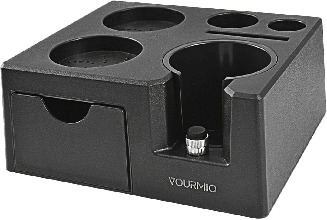 VOURMIO Espresso Tamping Station - 7 in 1 Espresso Coffee Organizer Box Fits for Storage 51/54/58MM Espresso Tamper, Distributor, Portafilter and Puck Screen Accessories, Plastic Tamp Station, Black