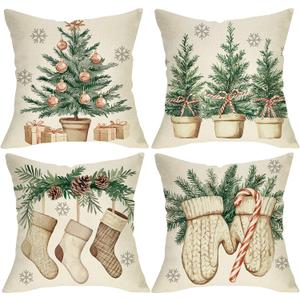 Winter Christmas Tree Decorative Throw Pillow Covers 18 x 18 Set of 4, Mitten Stocking Gifts Porch Outdoor Home Decor, Seasonal Candy Cane Snowflake Sofa Couch Cushion Case