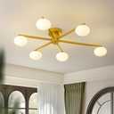 Modern Semi-Flush Mount Ceiling Light with 6 Opal Glass Shades, 39" Gold Sputnik Chandelier,Mid-Century Vintage Style, Ideal for Living Room, Dining Room, Bedroom, Cafe & Hotel