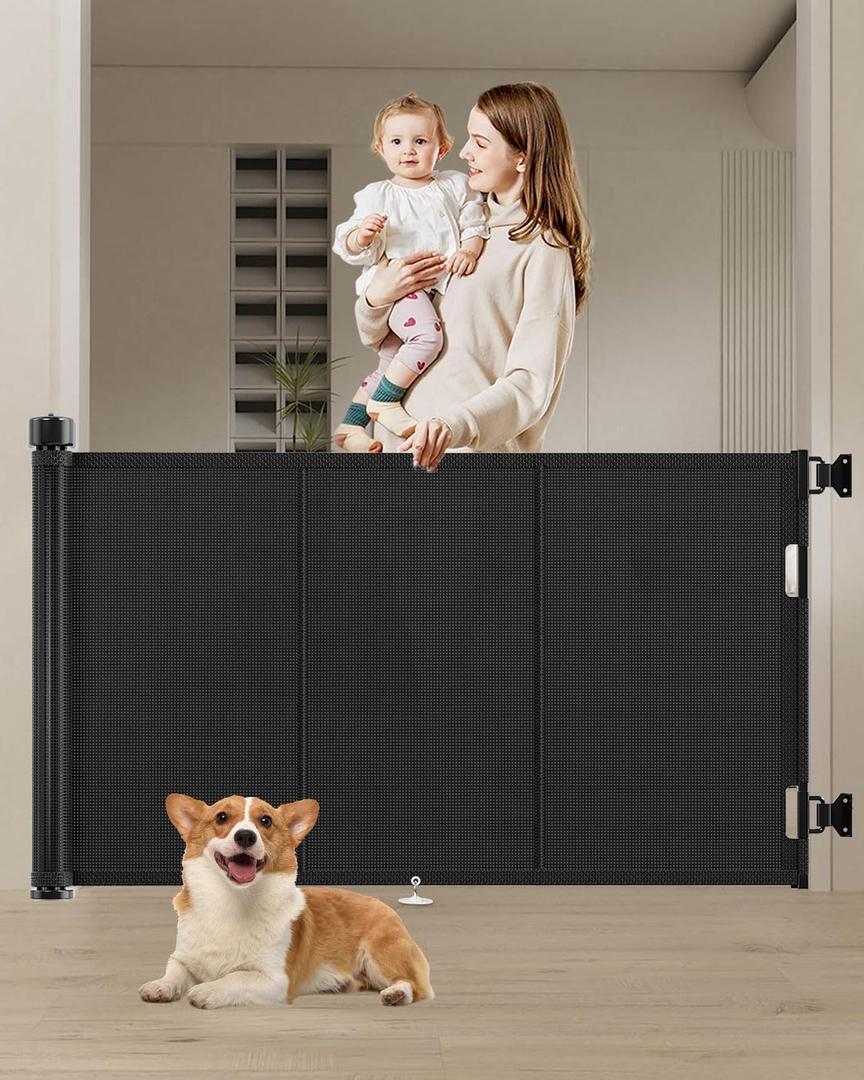 71 inch Retractable Baby Gates 34 inch Tall, Retractable Gate with Reinforced Strip Design to Prevent Crawling Through, 6 FT Retractable Dog Gate for Stairs, Doorways, Hallways, Indoor/Outdoor (Black)