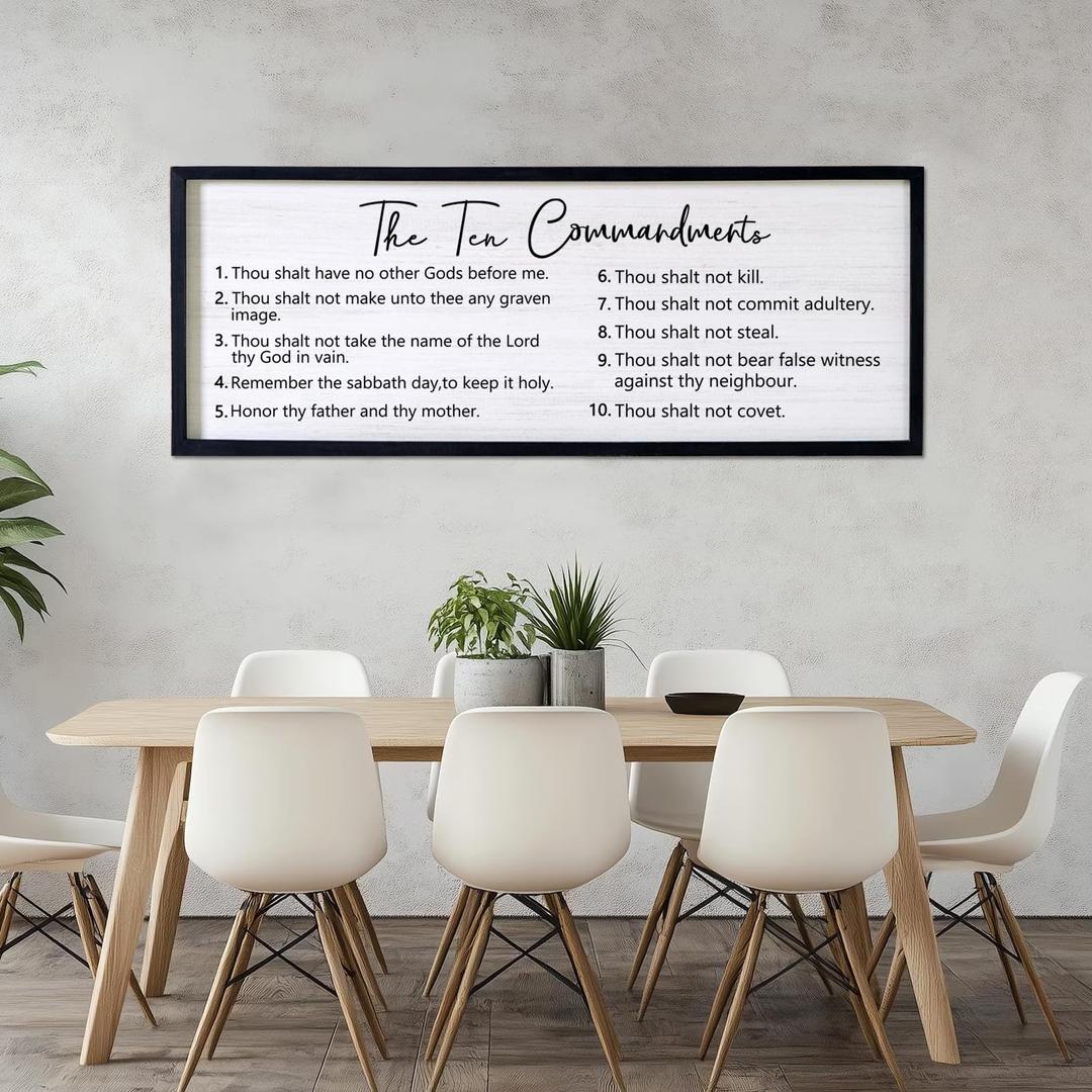 YWMZYKJGS The 10 Commandments Bible Verse Wall Art Decor 40"×15" Christian Ten commandments God Jesus Prayer Religious Saying Sign Rustic Inspirational Catholic Scripture Wood Framed Hanging (Black)