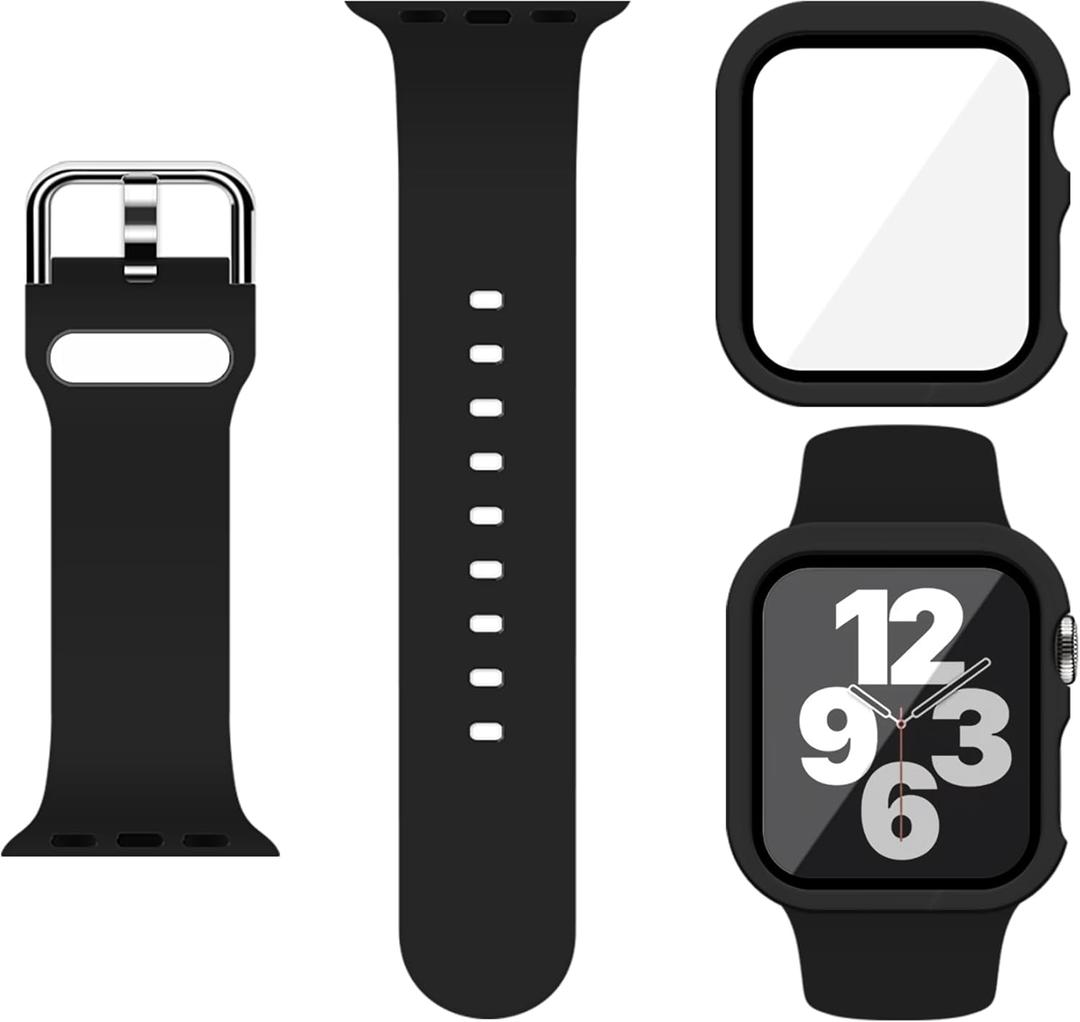 Sport Silicone Band and Case with Screen Protector for Apple Watch Series 9, 8, 7, 6, SE, 5, 4 (Black)