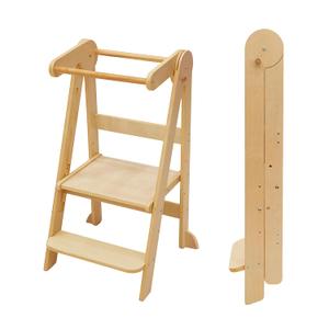 Foldable Toddler Tower Preassembled Kitchen Stool, Folding Tower for Learning with 3 Adjustable Heights Montessori Toddler Standing Tower Collapsible Step Stool for Kids 1.5-6y Natural