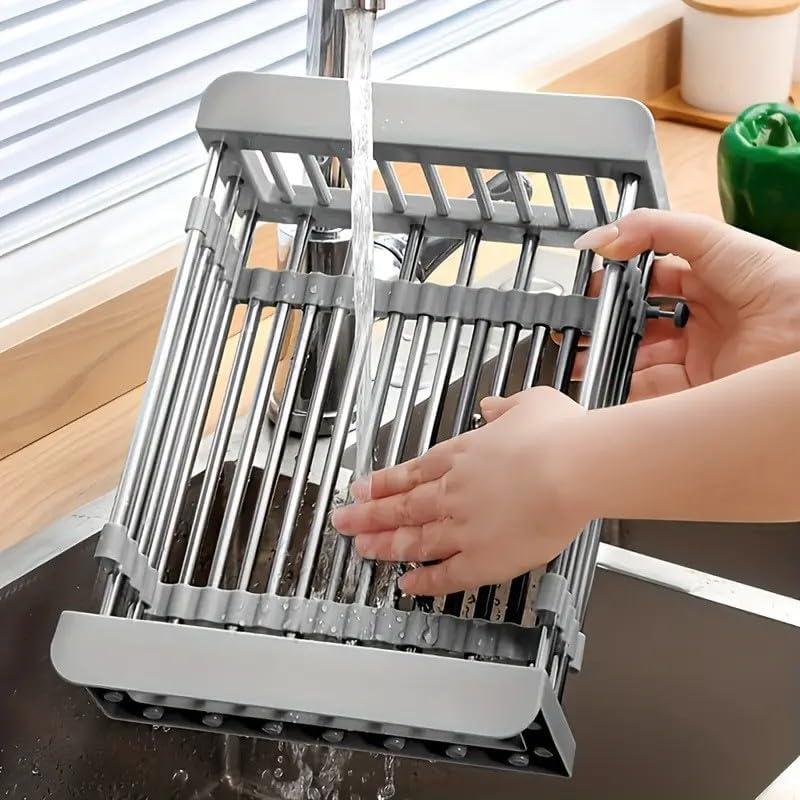 Adjustable Dish Drying Rack with Stainless Steel Drain Basket Over-The-Sink - Portable & Telescopic Space-Saving Solution for Fruit Vegetable