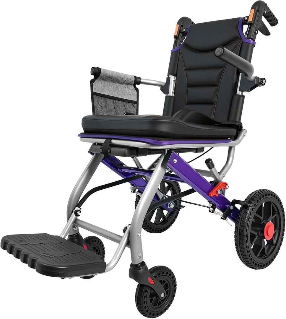 Ultra Lightweight Folding Wheelchair for Seniors & Adults, Portable Transport Chair, 12" PU Rear Wheels, Supports 300lbs, Compact for Daily Use & Travel