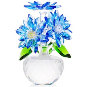 YWHL Beautiful Crystal Flower Gifts for Women, Blue Glass Flower Figurine with Stand, Handmade Art Collectible Statue Decor (Blue)