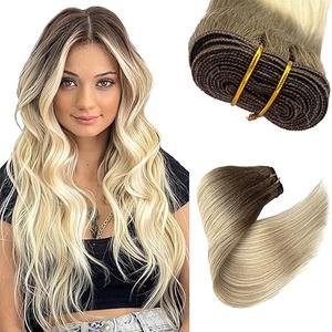 Sew in Hair Extensions Real Human Hair, 20 Inch 100G Weft Hair Extensions Human Hair Ombre Ash Brown to Blonde Hand Tied Weft Hair Extensions Real Human Hair Sew in Bundles for Women