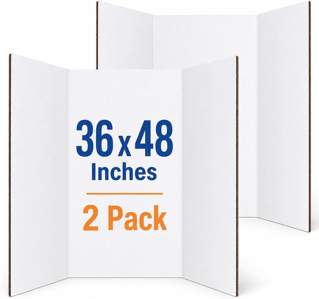 Cinrobiye 2 Pack Tri Fold Poster Board 36 x 48 Inches, White Corrugated Science Fair Display Board, Foldable Presentation Board for School Projects, Classroom Displays, Tabletop Exhibits