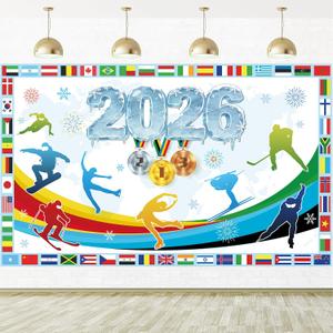 2026 Winter Sports Banner Decorations - 72'' x 43'' International Winter Sports Background Banner, Go for Gold International Country Flags Welcome Photography Sign