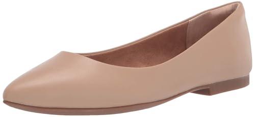 Amazon Essentials Women's Pointed-Toe Ballet Flat, Beige Faux Leather, 8