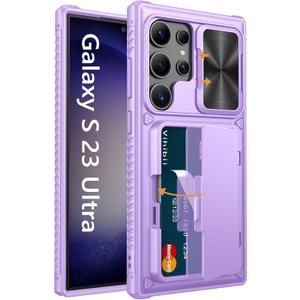 Vihibii for Samsung Galaxy S23 Ultra Case Wallet, Built-in Card Holder, Slide Camera Cover & Stand, Raised Edges Protect Screen & Military Grade Drop Protection Case for Galaxy S23 Ultra, Light Purple