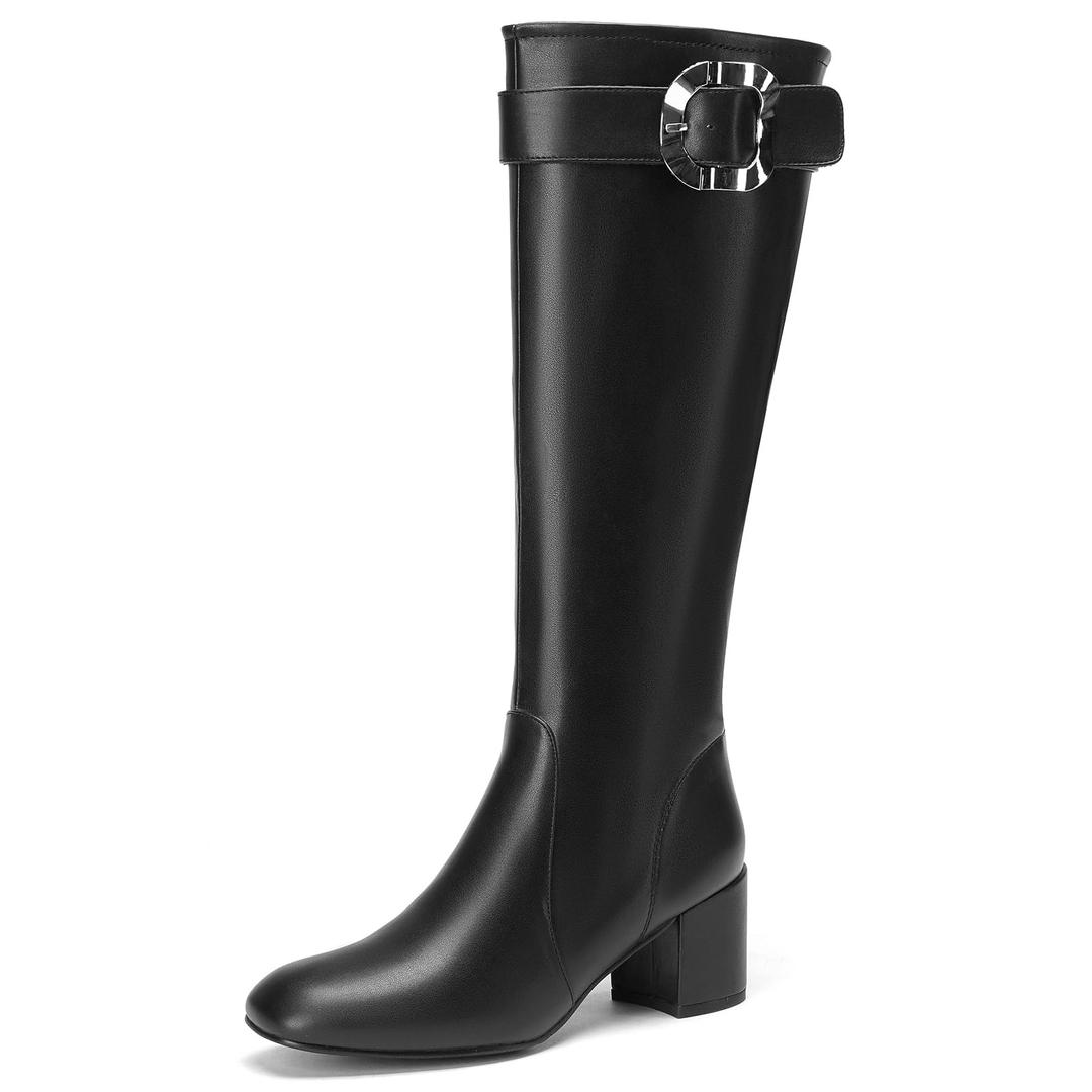 Cozivwaiy Knee High Boots For Women Black Chunky Heels Tall Boot Round Toe Mid Heel Comfortable Dress Shoes With Buckle Back Zipper Size 10