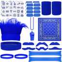 Bonuci 72 Pcs Blue Spirit Wear Man Accessories Items Bulk Team Spirit Week Field Day Camp Spirits Color War Accessories Fake Mustache Crazy Hair Wig Bandana Tattoo Noisemaker Eye Black