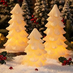 3 Pcs 9" 7" 5.5" White Christmas Tree Flameless Candles Glittering Real Wax Flickering Battery Operated LED Handmade Carved Candles for Xmas Party Decoration Gifts (X-Large, Large, Medium)
