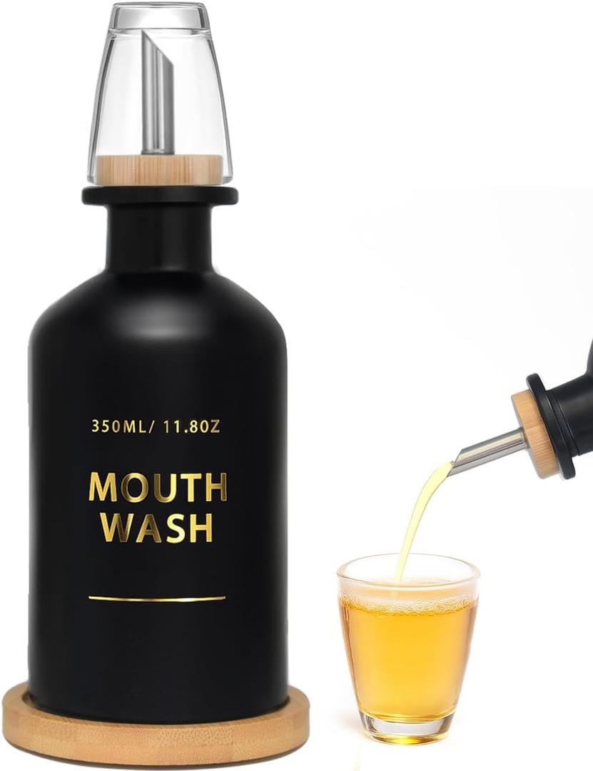 Mouthwash Dispenser for Bathroom 11.8oz  Glass Mouthwash Bottle with Cup & Bamboo Tray, Gold Hot-Stamped Lettering, Silicone Base, Modern Bathroom Accessory (Black)