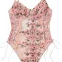 Lilosy Women Sexy Lace Up Floral Embroidered Teddy Lingerie Bodysuit Top Mesh Sheer One Piece, Medium