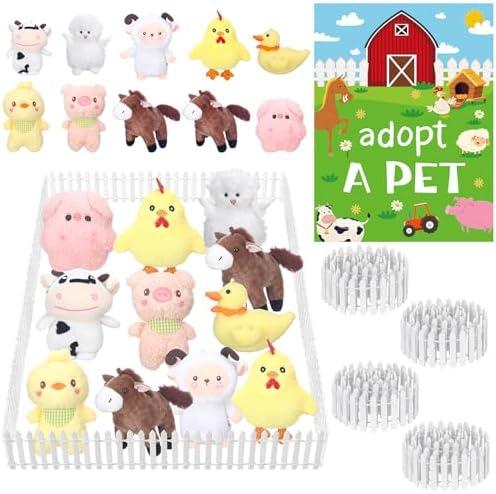 Blueweenly 15Pcs Adopt a Pet Farm Party Favors Mini Stuffed Animals Set Includes12 Small Farm Stuffed Animals 2 White Plastic Fence 1 Sign for Adopt A Pet Party Birthday Gifts