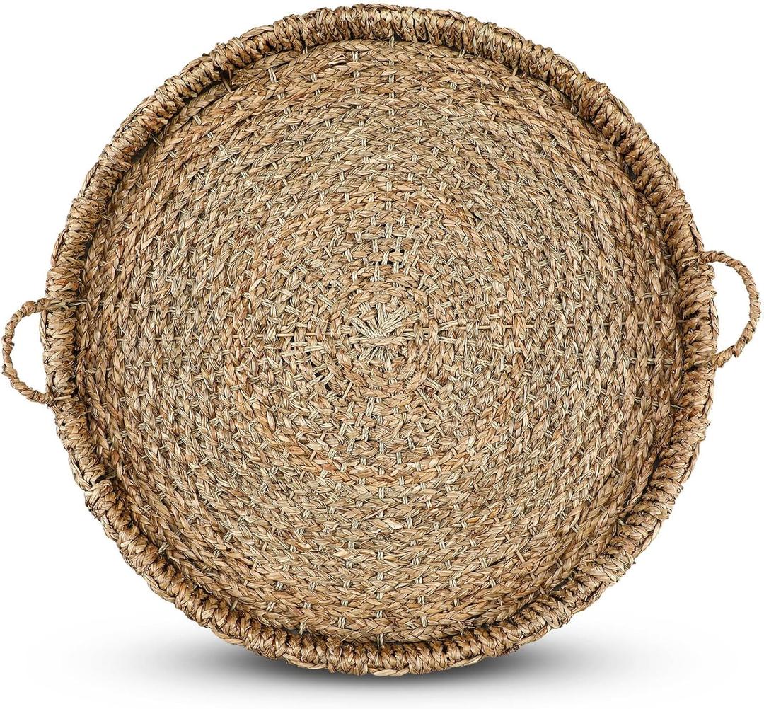 Large 27.6 Inches Rattan Round Serving Tray with Handles Round Braided Bankuan Basket with Handles for Decorative Coffee Table Fruit Bread