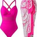 Womens One Piece Tummy Control Swimsuit with Skirt Retro Slimming Mesh Bathing Suit with Wrap Cover Up Set (Pink, L)