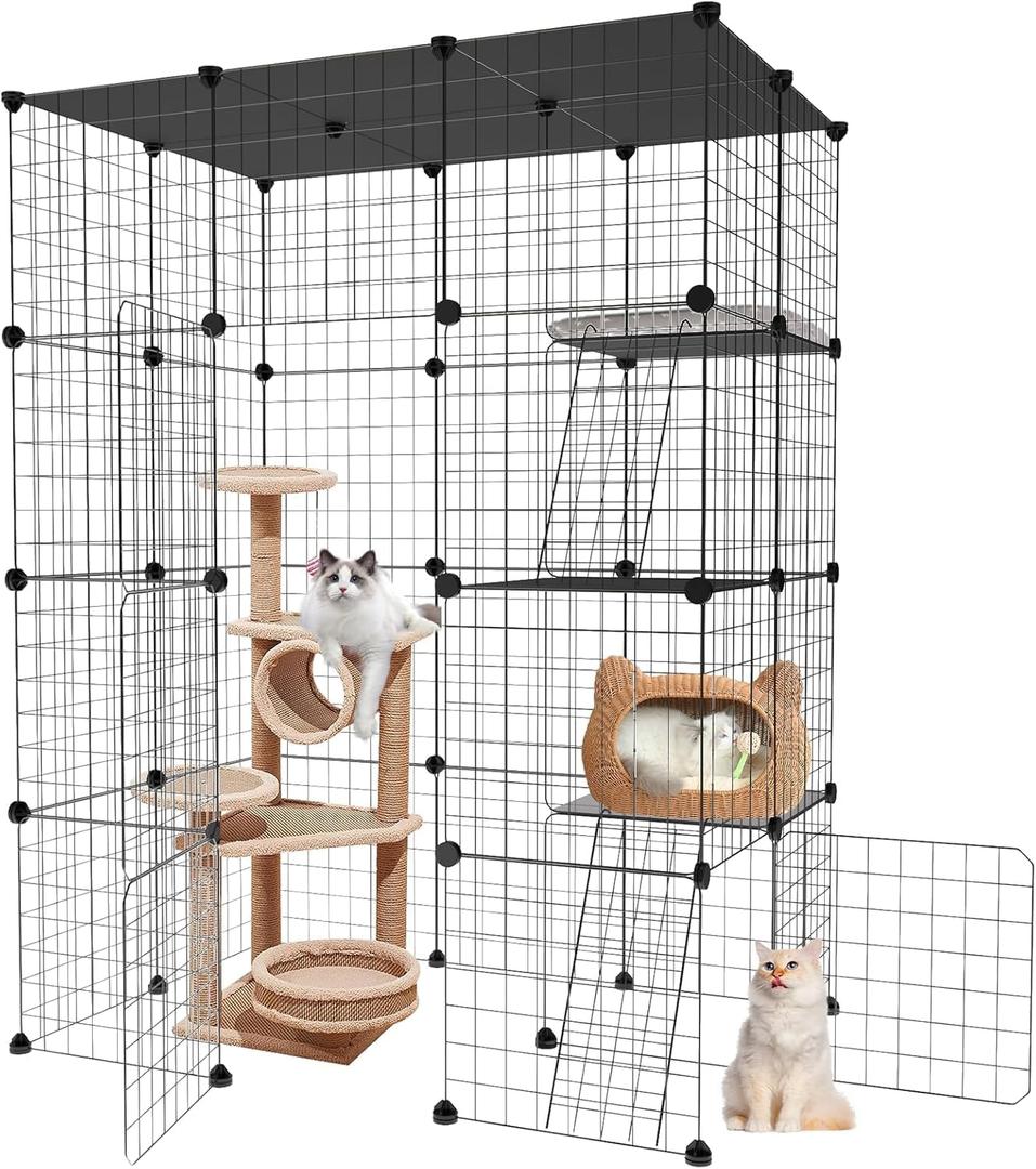 Large Cat Cage,4-Tier Catio Outdoor Cat Enclosure,DIY Cat Kennel,Cat Cages Indoor and Outdoor for 1-3 Cats