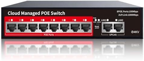 STEAMEMO PoE+ Switch, 8 Port Managed PoE Ethernet Switch(8 POE Ports +2 Uplink),120W Built-in Power, Support VLAN, QoS, Fanless Metal, Plug & Play (Desktop/Wall Mount)