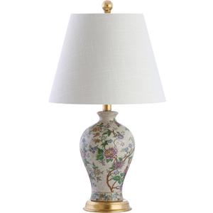 JONATHAN Y 24" Multi-Colored/Gold French Country Ceramic Floral Urn Table Lamp, White Linen Shade, Chinoiserie Ginger Jar Bedside Lamp for Living Room Bedroom, LED Bulb JYL3009A