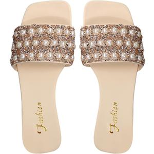 Verdusa Women's Glitter Pearls Rhinestone Sandals Square Open Toe Slip on Slippers (7.5, Apricot)