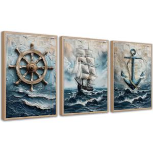 3pcs Vintage Nautical Canvas Wall Art Sailboat Rudder And Anchor Painting Pictures Nautical Coastal Posters Prints Wall Decor Antique Sailboat Nautical Artwork for Home Living Room Bedroom Unframed (16L''x12W''poster, blue)