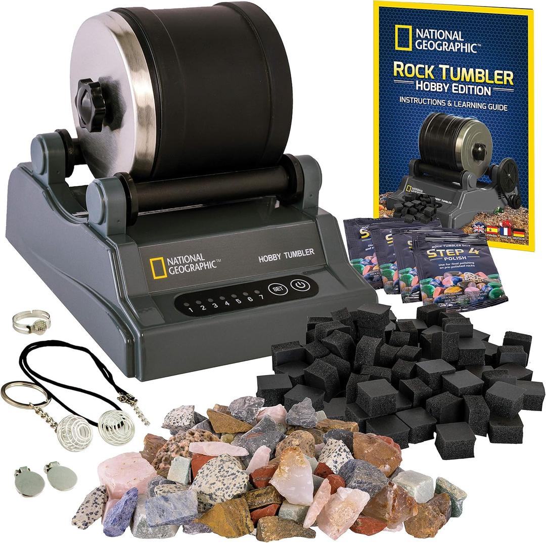 National Geographic Hobby Rock Tumbler Kit Durable Leak-Proof Rock Polisher with 7-Day Timer, Complete Rock Tumbling Kit with Grit, Jewelry Settings & GemFoam Polish, Educational STEM Science Kit