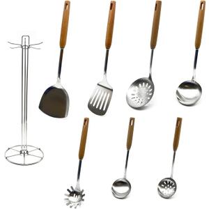 Cooking Utensils Set, 8-Piece 304 Stainless Steel Kitchen Tool Sets with Holder, Wooden Handle Heat Resistant Kitchen Cookware Set, Gadgets Tools Set Gift