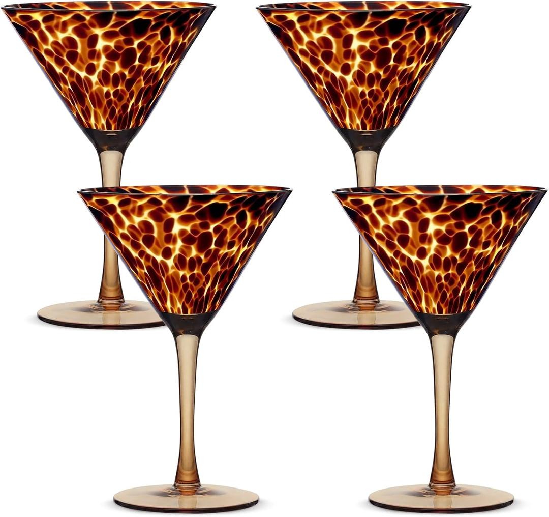Honeydak Set of 4 Tortoise Leopard Print Martini 9oz Brown Rocks Glasses Stylish Stemless Cocktail Cups Glass Glassware Tumbler Ideal for Gin, Tequila, Vodka, Soft Drinks