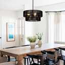 Black Boho Rattan Chandelier 18'' Hand Woven Chandelier Light Fixture 3-Light Farmhouse Drum Pendant Light for Dining Room Bedroom Kitchen Hallway Foyer, 18" 2-Layer