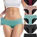TIICHOO Period Underwear for Women Heavy Flow Soft Menstrual Panties Teens Ladies Leakproof Incontinence 5 Pack (1 Black/1 Light Grey/1 Burgundy/1 Rose Gold/1 Turquoise Green, XX-Large)