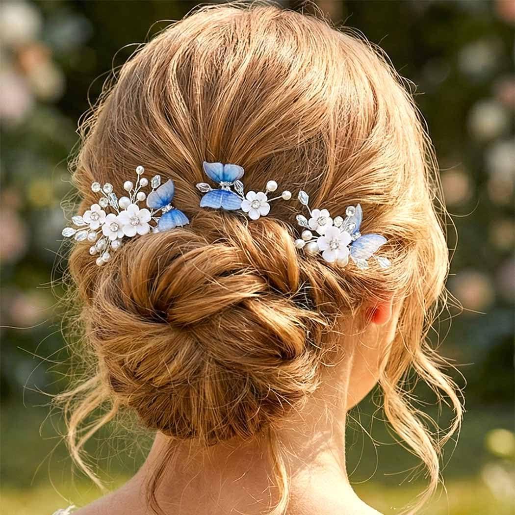Heread Flower Bride Wedding Hair Pins Silver Butterfly Bridal Hair Pieces Pearl Hair Accessories for Women (Pack of 3) (Silver)
