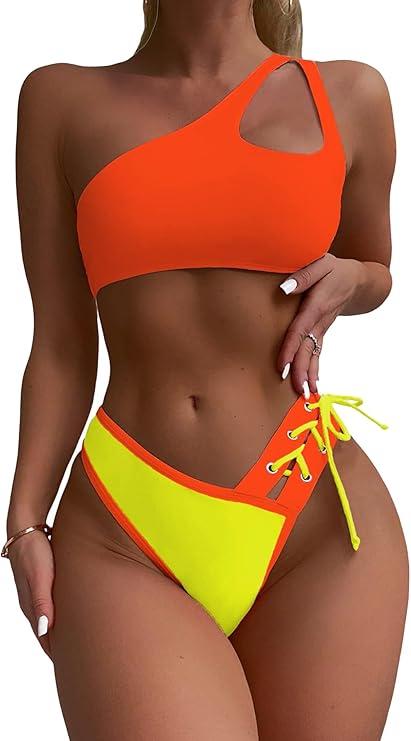 SherryDC Women's Cheeky Cutout One Shoulder Bikini Color Block V Cut High Leg Two Pieces Swimsuit (Small)