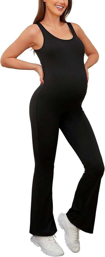 Maternity Jumpsuit Flare Leg Tank Scoop Neck Bodycon Full Length Maternity Bodysuit, S