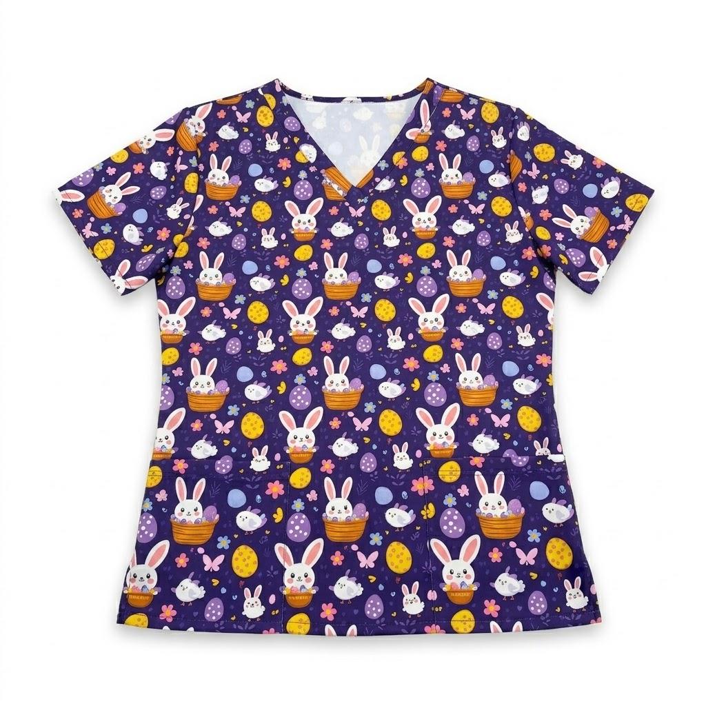 Oshhni V Neckline Scrub Top Nurse Work Uniform Durable Summer Work Clothing for Women and Men Soft Nurse Costume Short Sleeves,Easter Bunny Purple, XL