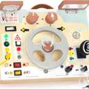Joyreal Montessori Toddler Busy Board - Montessori Toys for 1 2 3 Years Old, Wooden Sensory Board with LED Lights, Steering Wheel, Music Player, Travel Toys for 1+ Year Old Boy & Girl Birthday Gift