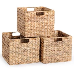 12x12x10 Water Hyacinth Storage Basket Large, Folding Cube Woven Wicker Storage Basket for Shelves, Pantry Baskets Organization and Storage, Kitchen Storage Baskets, Large Rattan Basket Set of 3
